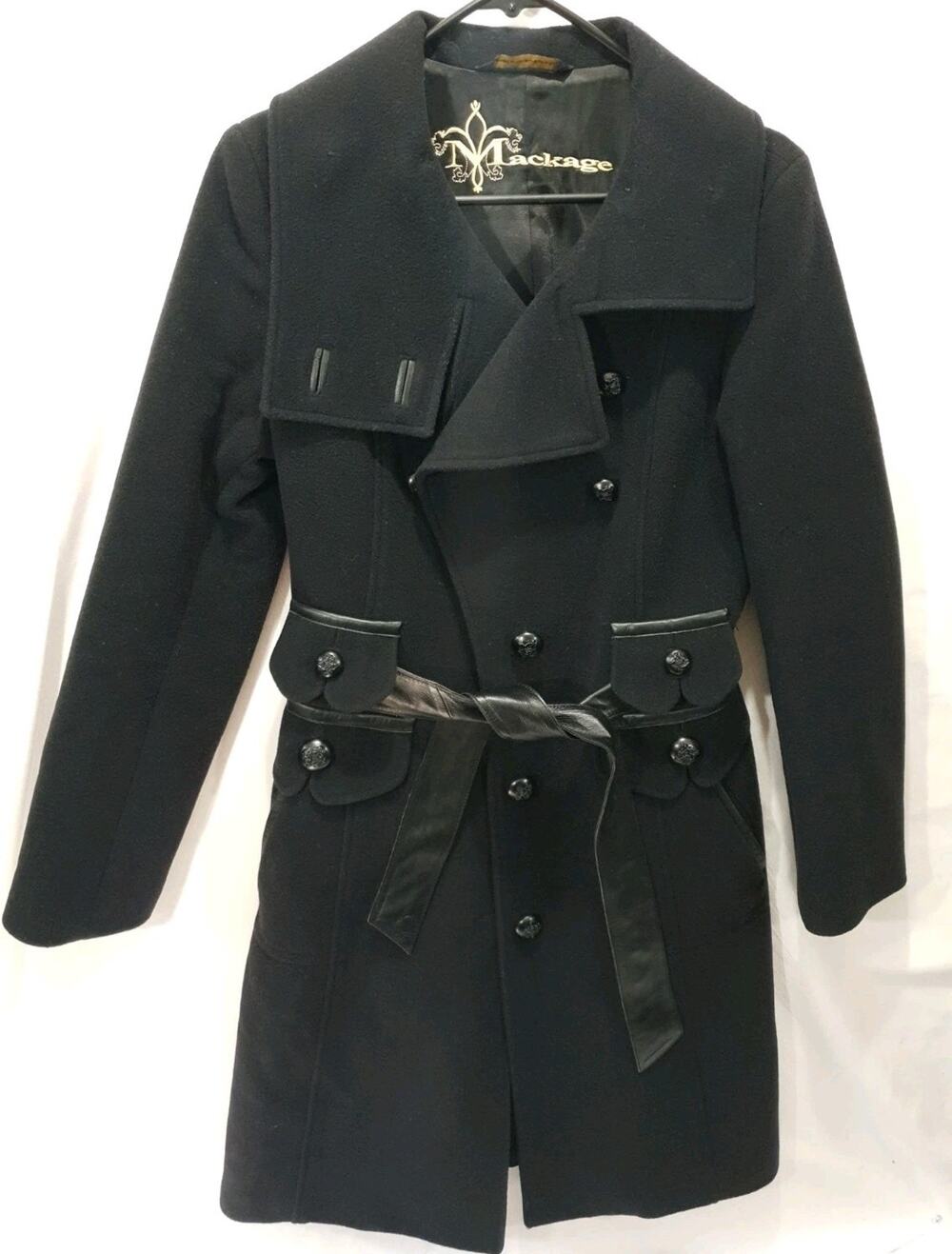 Vintage Mackage Black Wool Leather Trim Double Breasted Belted Coat Womens Med